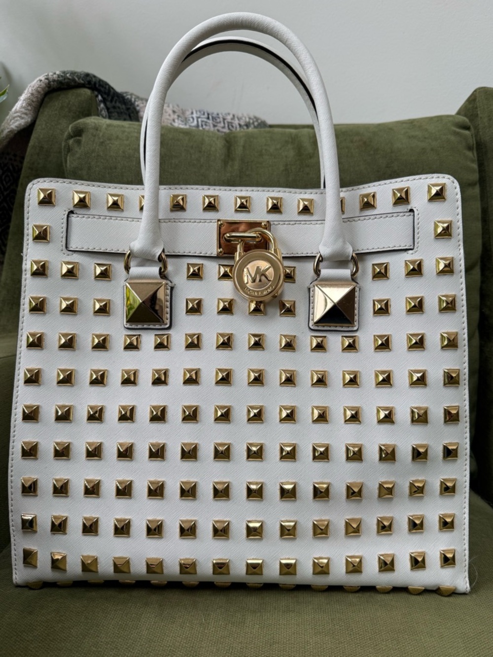 Michael Kors Hamilton Stud Optic White Leather Studded Tote Gold Hardware